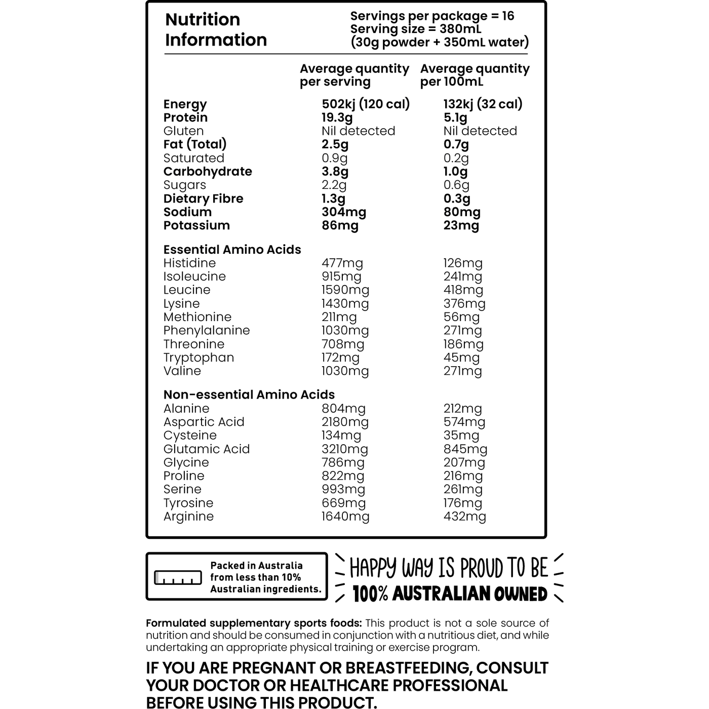 Happy Way Protein Powder Choc Hazelnut 500g Nutrition Information Label
