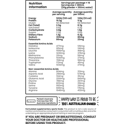 Happy Way Protein Powder Choc Hazelnut 500g Nutrition Information Label