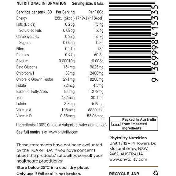 Phytality Fermented Chlorella Nutrition Label