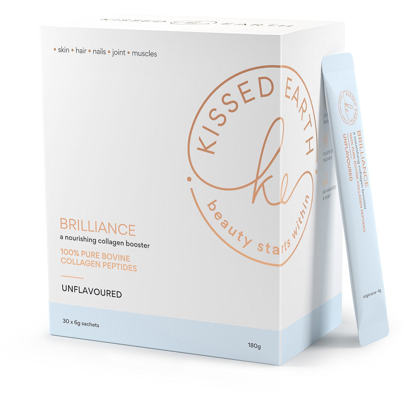 Kissed Earth Brilliance 100% Bovine Collagen Peptides Unflavoured 6000mg hydrolysed collagen per sachet