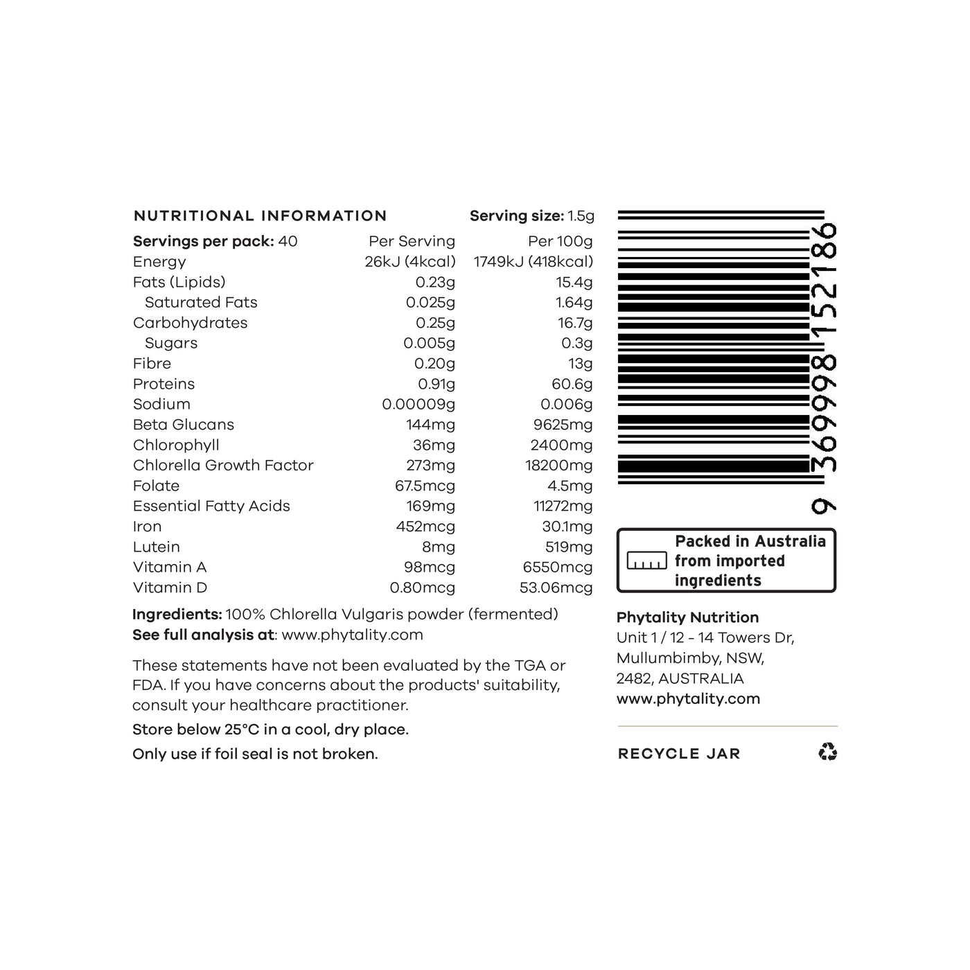 Phytality Fermented Chlorella Powder 60g Nutrition Label